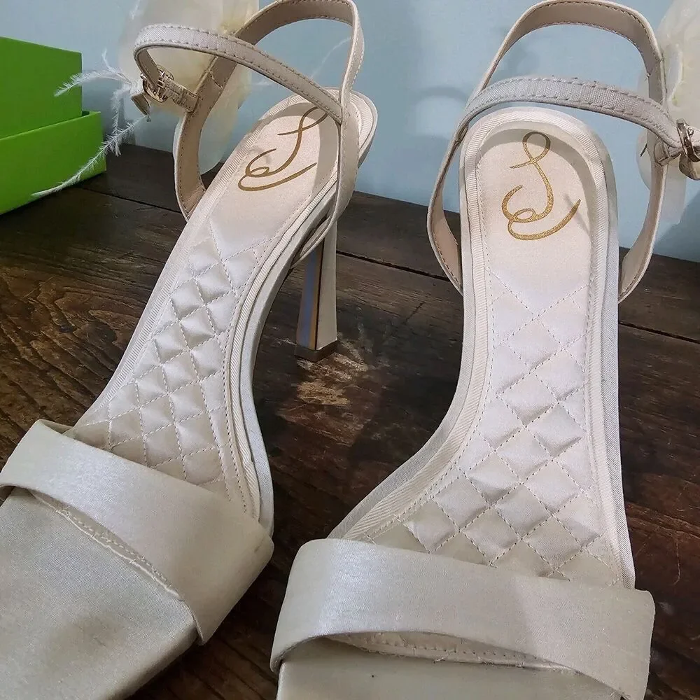 Sam Edelman‎ Leana Flower Strap Heel Pearl Ivory Silk Size 8.5